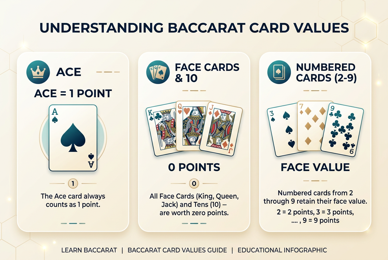 Educational infographic showing baccarat card values and scoring rules