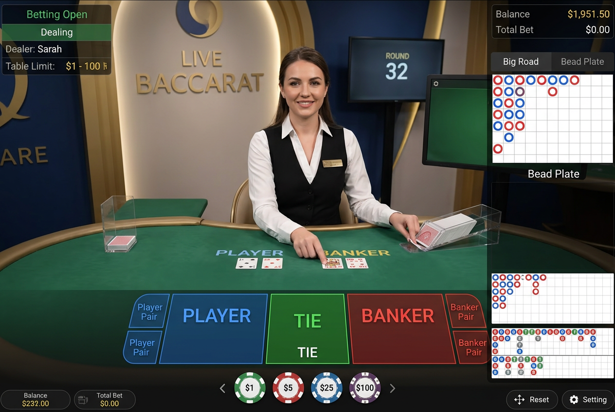 Professional live baccarat studio interface with roadmaps and digital betting area