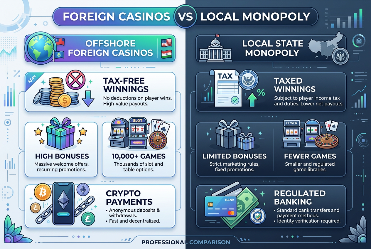 Infografika porównująca korzyści kasyn zagranicznych i lokalnego monopolu