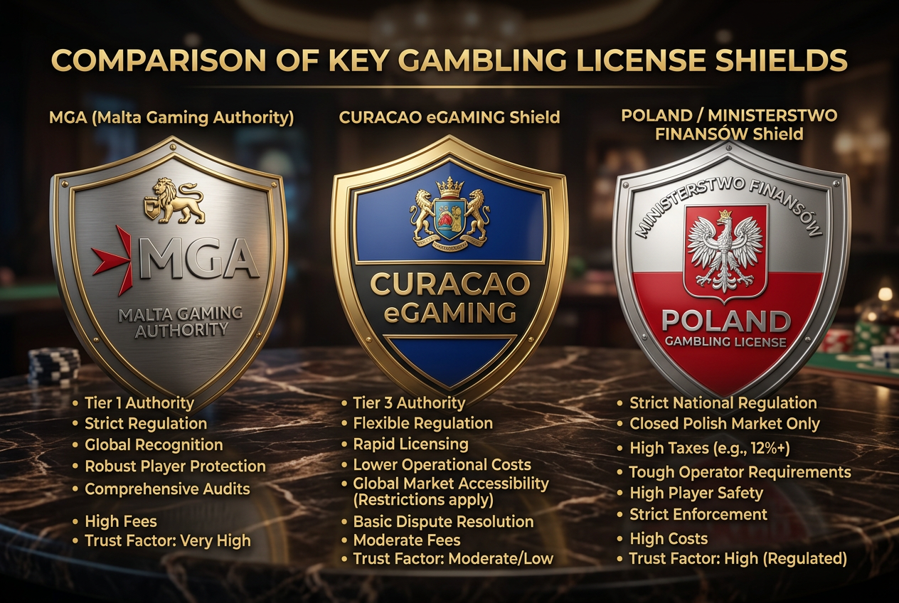 Porównanie międzynarodowych licencji hazardowych MGA, Curacao oraz symboli prawnych