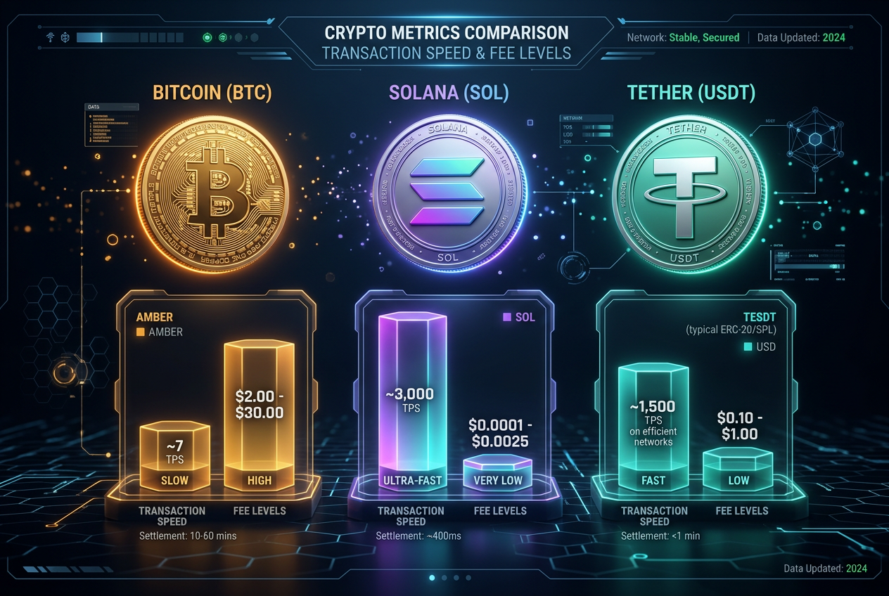 Infografika porównująca prędkość i koszty kryptowalut w iGaming