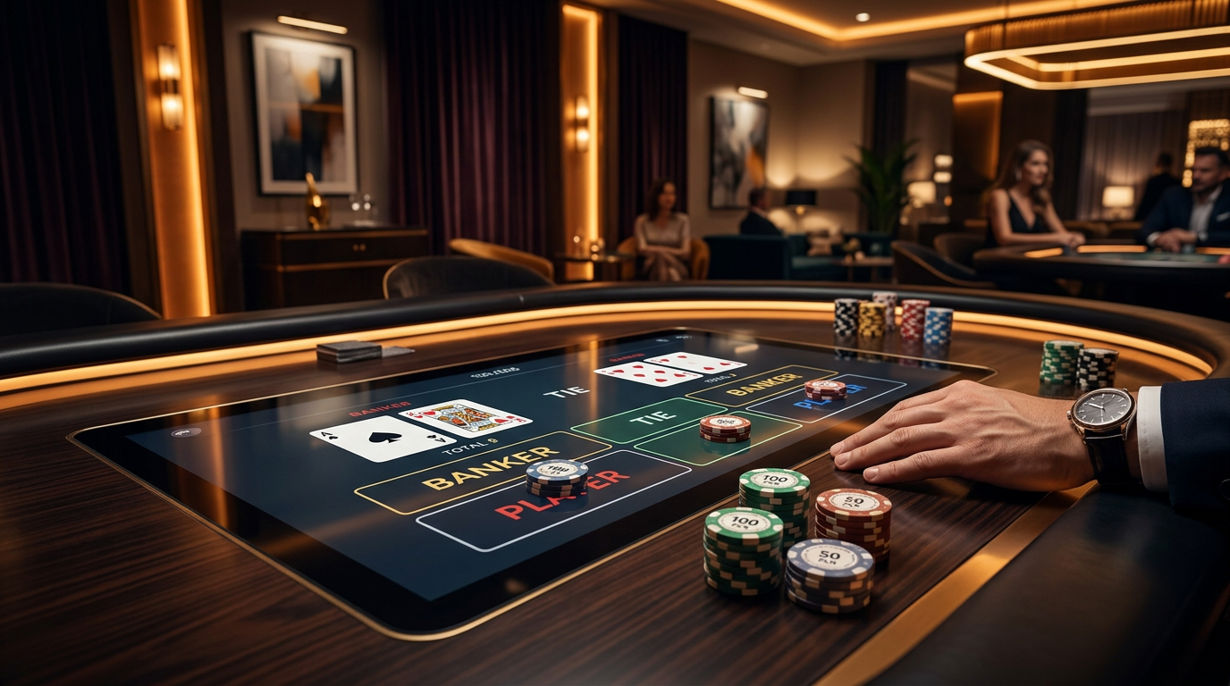 Luxury online baccarat table setup with digital cards and chips