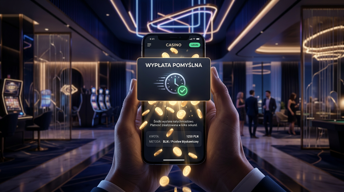 Wizualizacja błyskawicznej wypłaty w kasynie online na smartfonie.