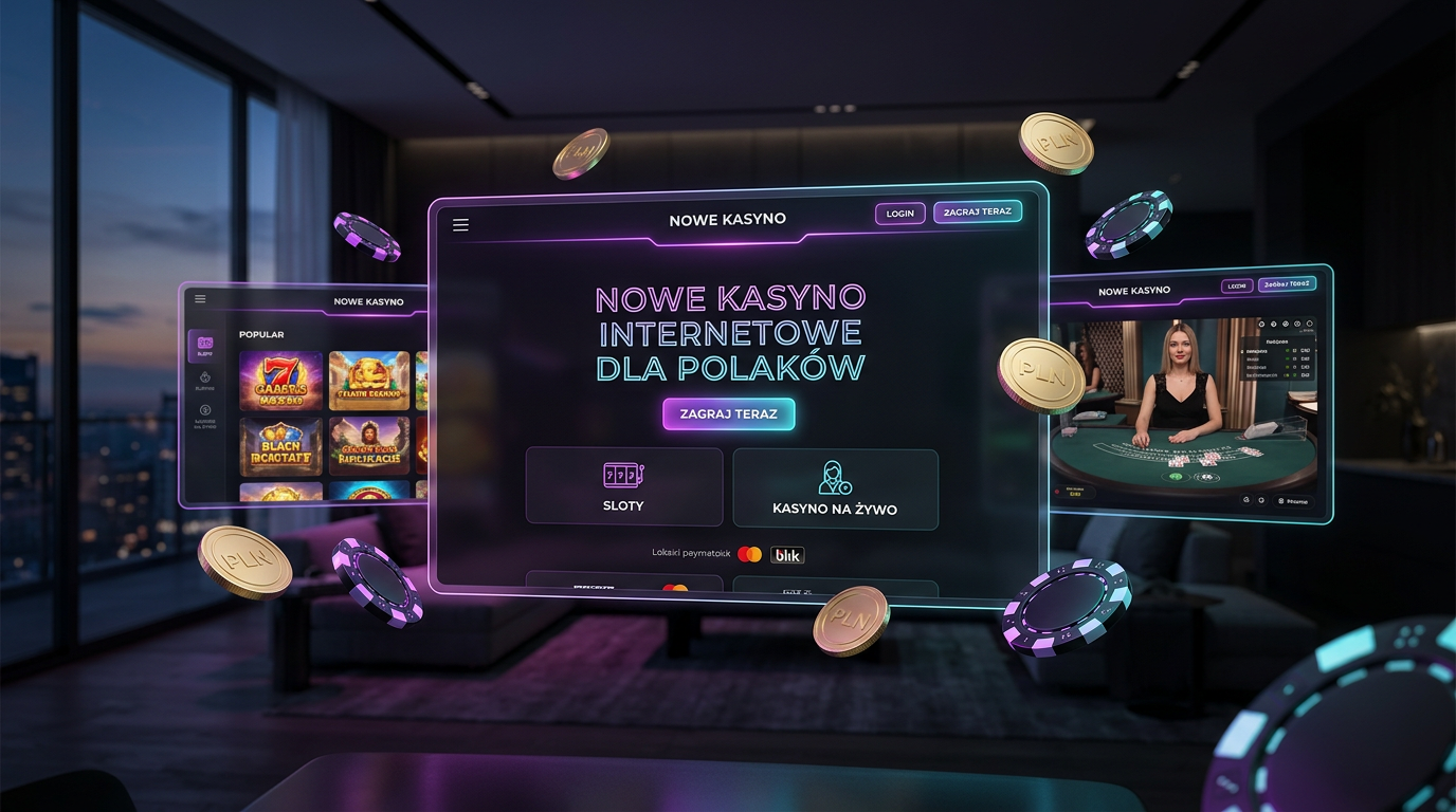 Futurystyczny interfejs nowego kasyna online 2026 z neonowym oświetleniem i cyfrowymi elementami gry