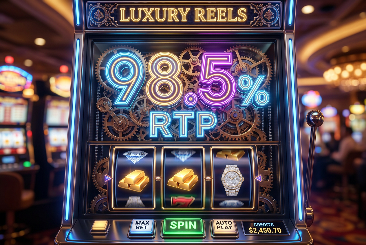 High RTP slot machine mechanics visualization with golden gears and percentage indicators
