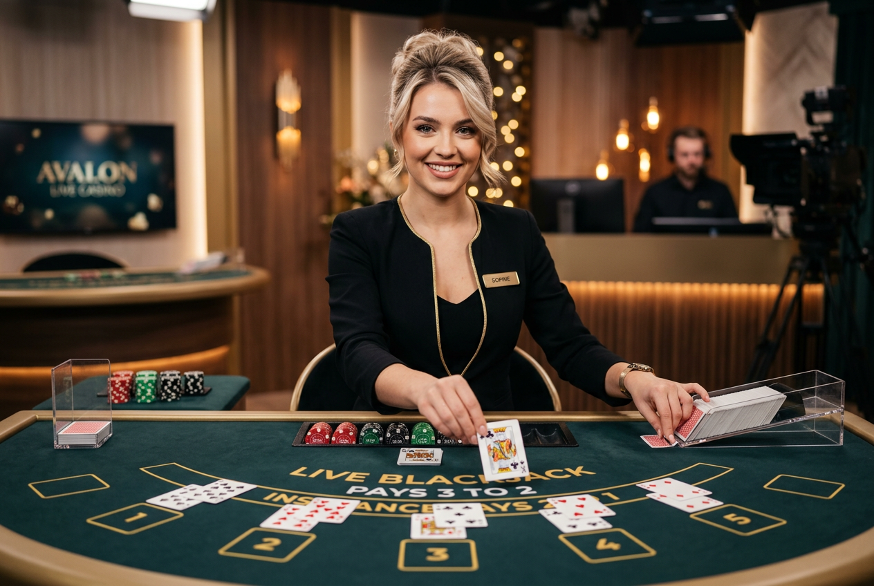 Profesjonalny krupier rozdający karty przy stole do blackjacka w studiu live streamingu 4K