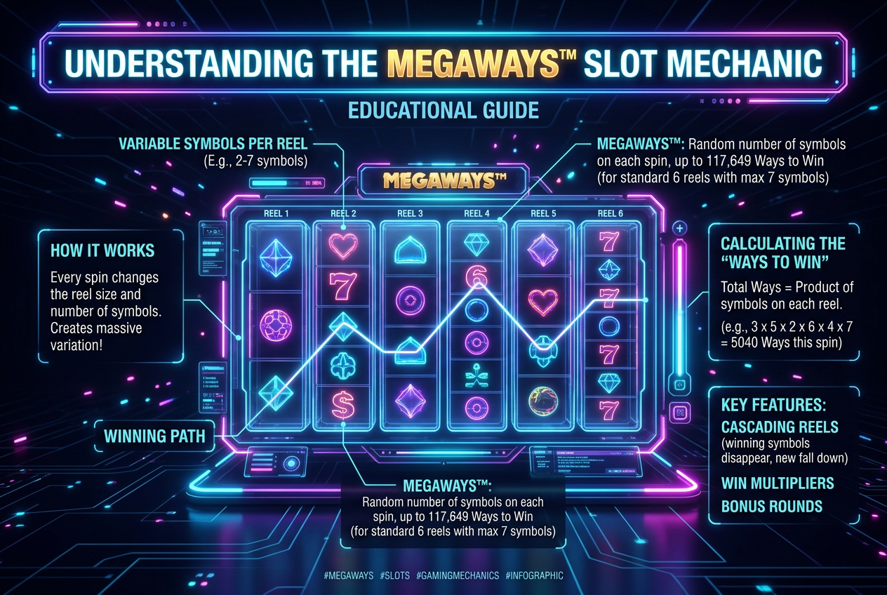 Infografika przedstawiająca działanie mechaniki Megaways w slotach online z neonowymi akcentami