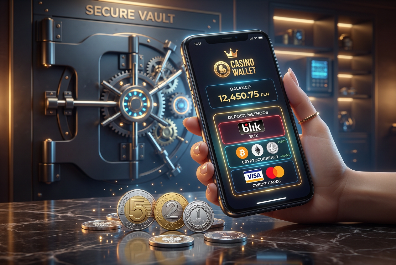 Wizualizacja nowoczesnych metod płatności w kasynie online: smartfon z BLIK, kryptowaluty i polskie złotówki