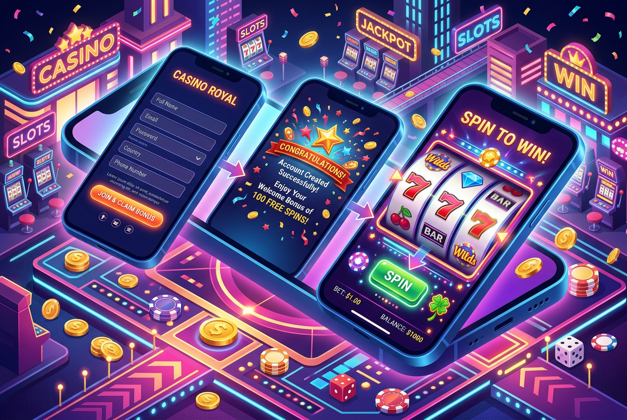 Ilustracja 3D pokazująca proces rejestracji i weryfikacji w kasynie online